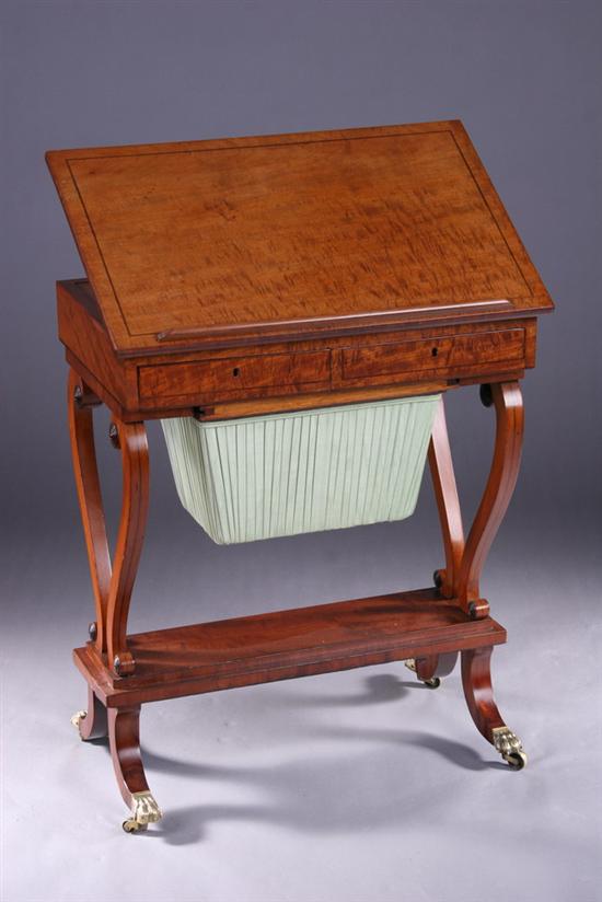 Appraisal: FINE REGENCY FIGURED MAHOGANY AND EBONY INLAID WORK TABLE Circa