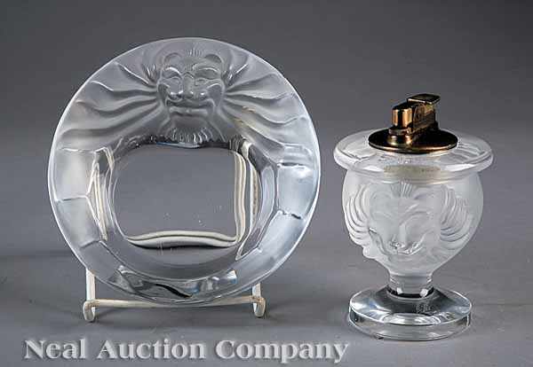 Appraisal: A Lalique Lion Pattern Ashtray and Cigarette Lighter both marked