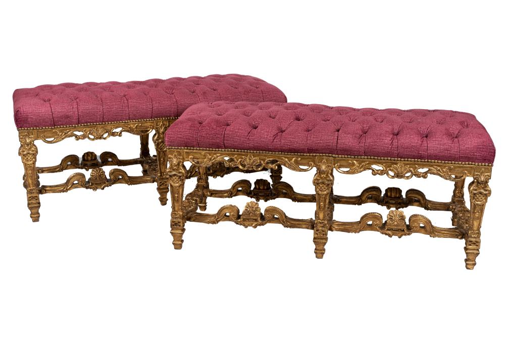 Appraisal: PAIR OF CARVED GILTWOOD BENCHESwith tufted fabric-covered tops inches wide