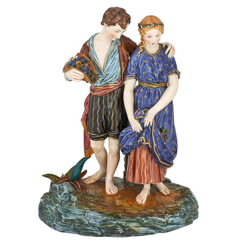 Appraisal: ROYAL WORCESTER MAJOLICA PORCELAIN FIGURE Man and woman on a