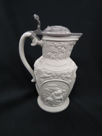 Appraisal: German Pottery Tankard bas-relief classical scenes salt glaze pewter lid