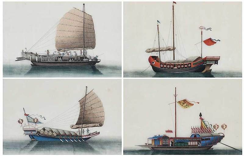 Appraisal: Four Framed Chinese Sailing Paintings th th century watercolor and