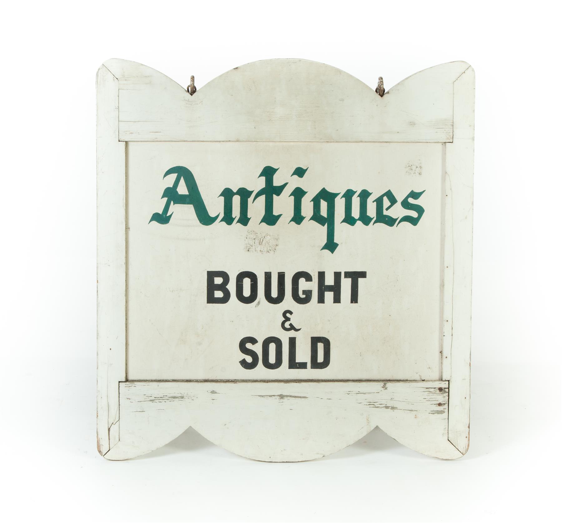 Appraisal: ANTIQUES SIGN Twentieth century Double-sided antiques sign scalloped top and