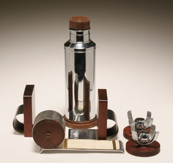 Appraisal: Modern Art Deco walnut and chrome pc assortment including a