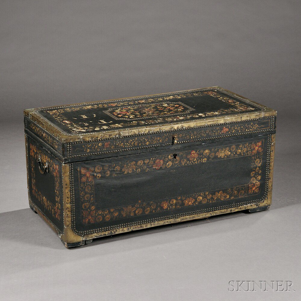 Appraisal: Chinese Export Brass-bound Leather and Camphorwood Trunk mid to late