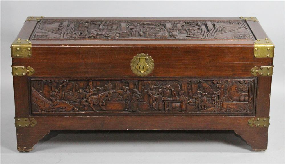 Appraisal: CHINESE EXPORT BRASS MOUNTED TRUNK carved with rectangular figural panels