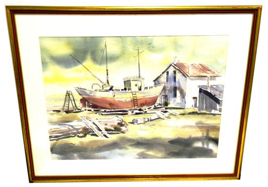 Appraisal: Jack Lundsdal Danish b Boatyard Scene watercolor on paper depicting