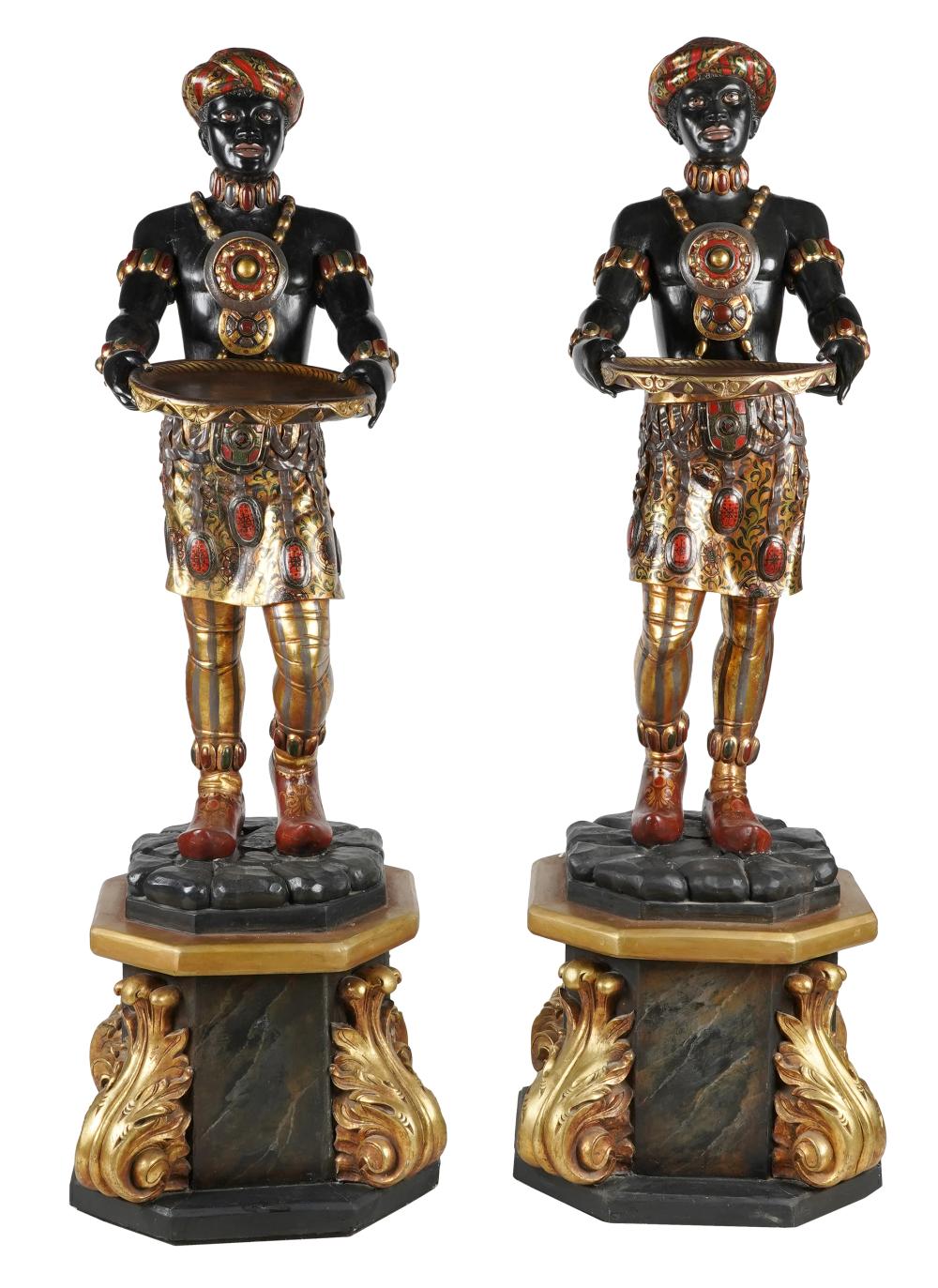 Appraisal: PAIR OF VENETIAN-STYLE BLACKAMOOR FIGURES OLD carved polychrome-painted and gilt