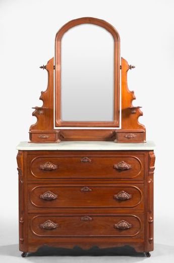 Appraisal: American Renaissance Revival Walnut and Marble-Top Dressing Bureau late th