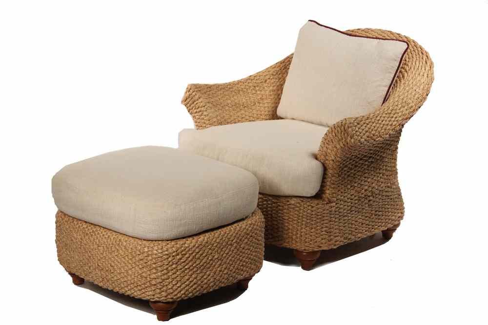 Appraisal: SEAGRASS LOUNGE CHAIR W HASSOCK - Contemporary Braided Seagrass Oversized