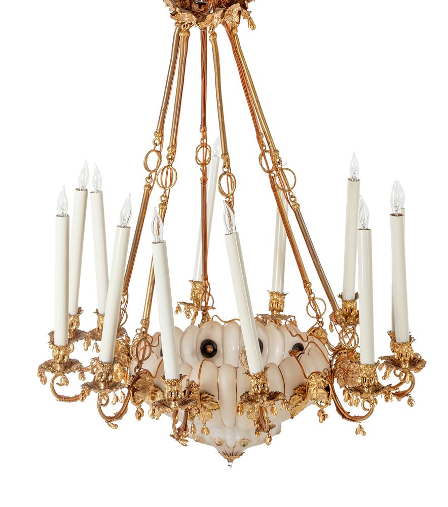 Appraisal: A Continental Gilt Metal and Jeweled Opaline Glass Twelve-Light Chandelier