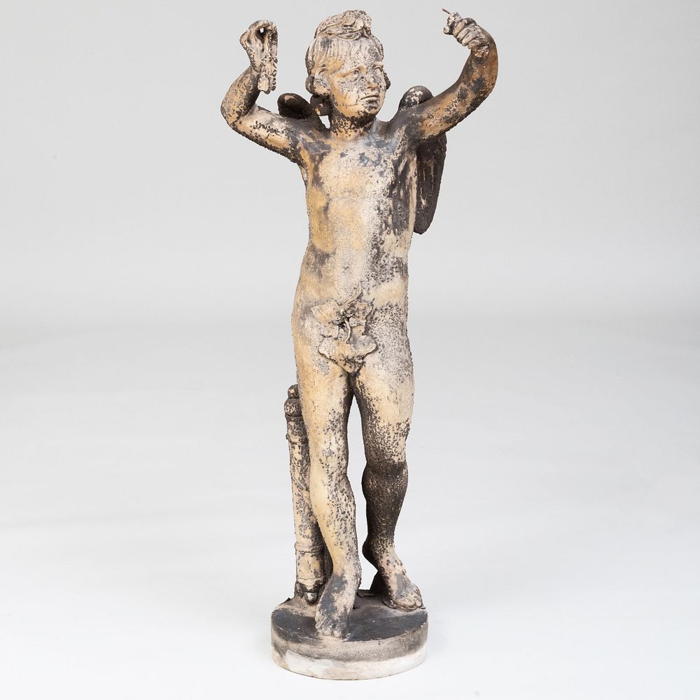 Appraisal: French Patinated White Terracotta Standing Cherub x x in By