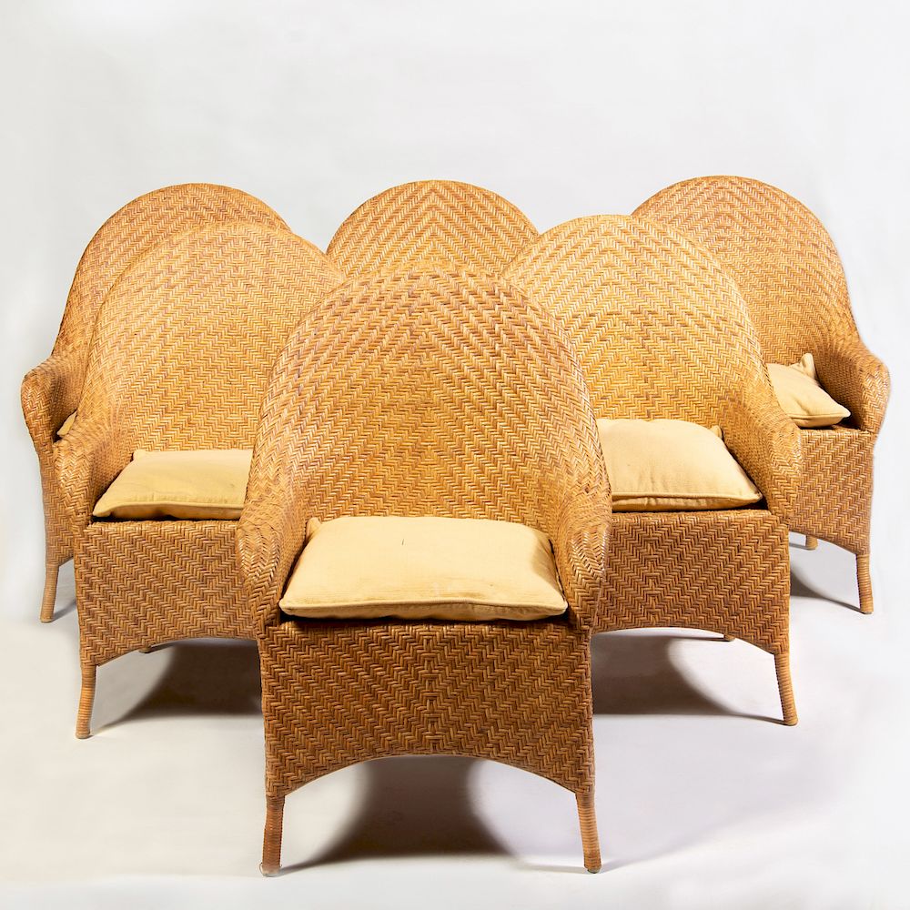 Appraisal: Set of Six Modern Woven Reed Armchairs Each fitted with