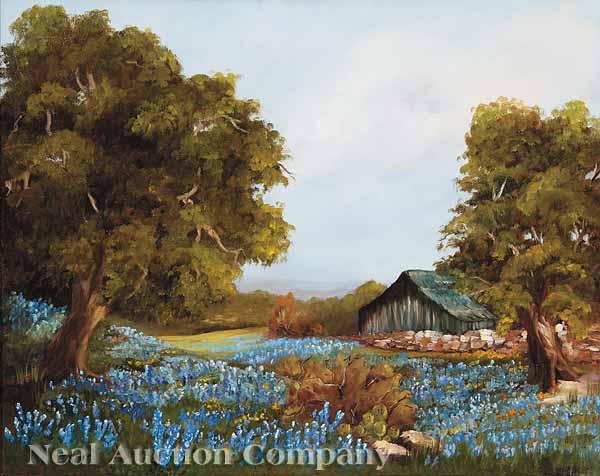 Appraisal: E Klink American th c Cabin Amidst the Bluebonnets oil