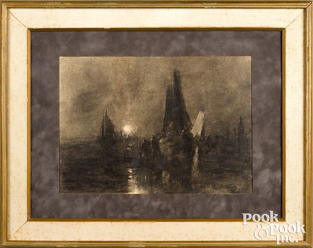 Appraisal: Charcoal moonlit harbor scene signed Claude Mone Charcoal moonlit harbor