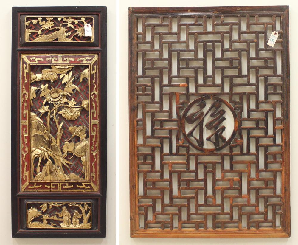 Appraisal: TWO DECORATIVE CHINES WOOD PANELS L x red and carved