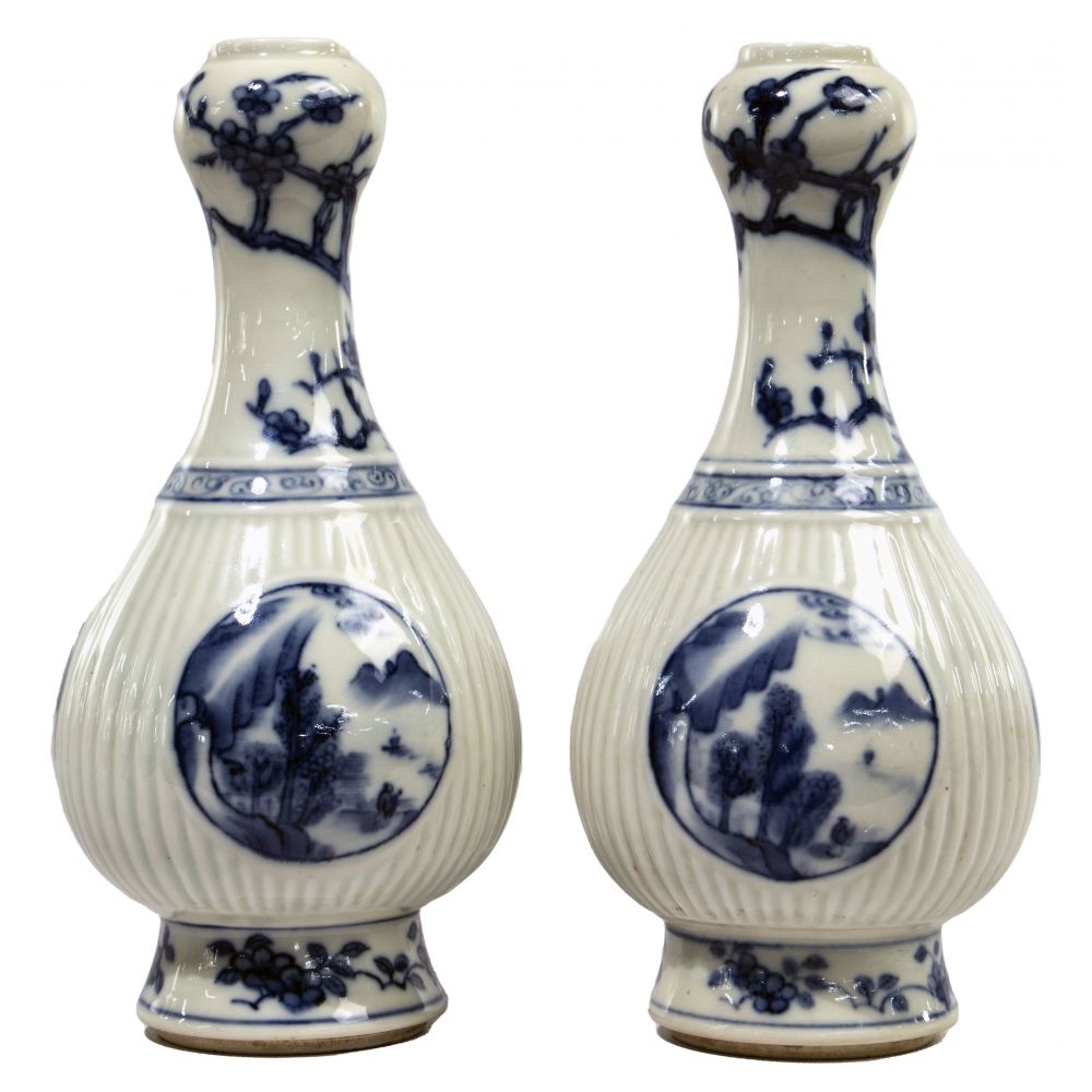 Appraisal: CHINESE BLUE AND WHITE PORCELAIN GARLIC MOUTH VASESPair having pictorial