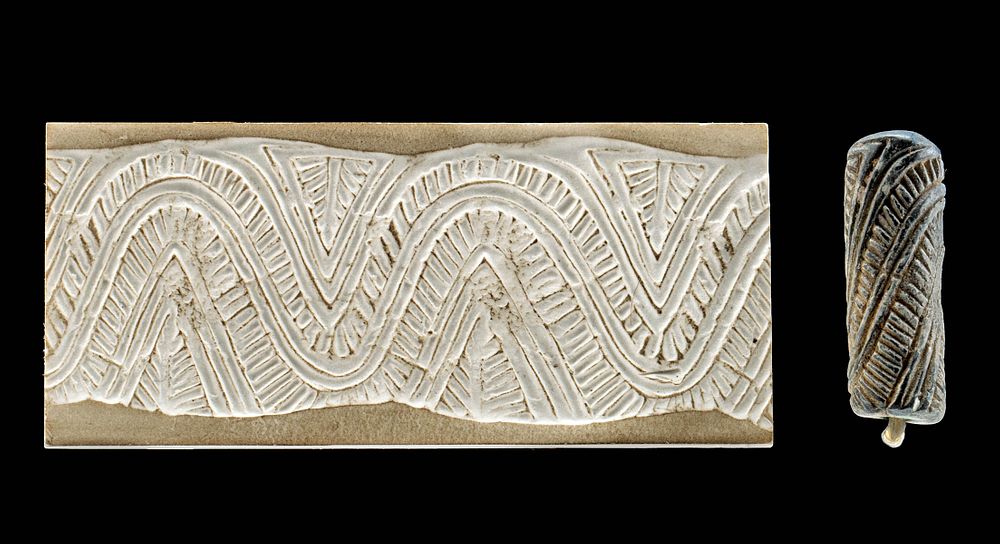 Appraisal: Syrian Steatite Cylinder Seal Bead w Linear Motif Originally Listed