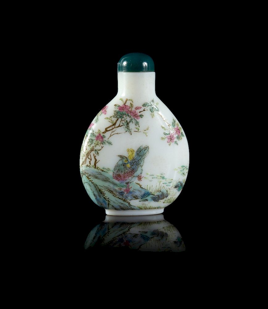 Appraisal: A Painted Enamel on White Glass Snuff Bottle Height in