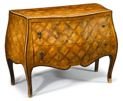 Appraisal: Italian fruitwood and lattice parquetry bombe commode th century