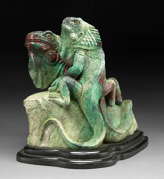 Appraisal: Cuprite in Chrysocolla Carving of Iguanas By Rodin Lee Carved