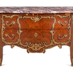 Appraisal: A Louis XV Style Gilt Bronze Mounted Marquetry Marble-Top Commode