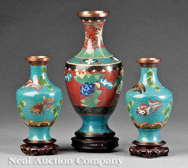 Appraisal: A Group of Three Japanese Cloisonn Enamel Baluster Vases early