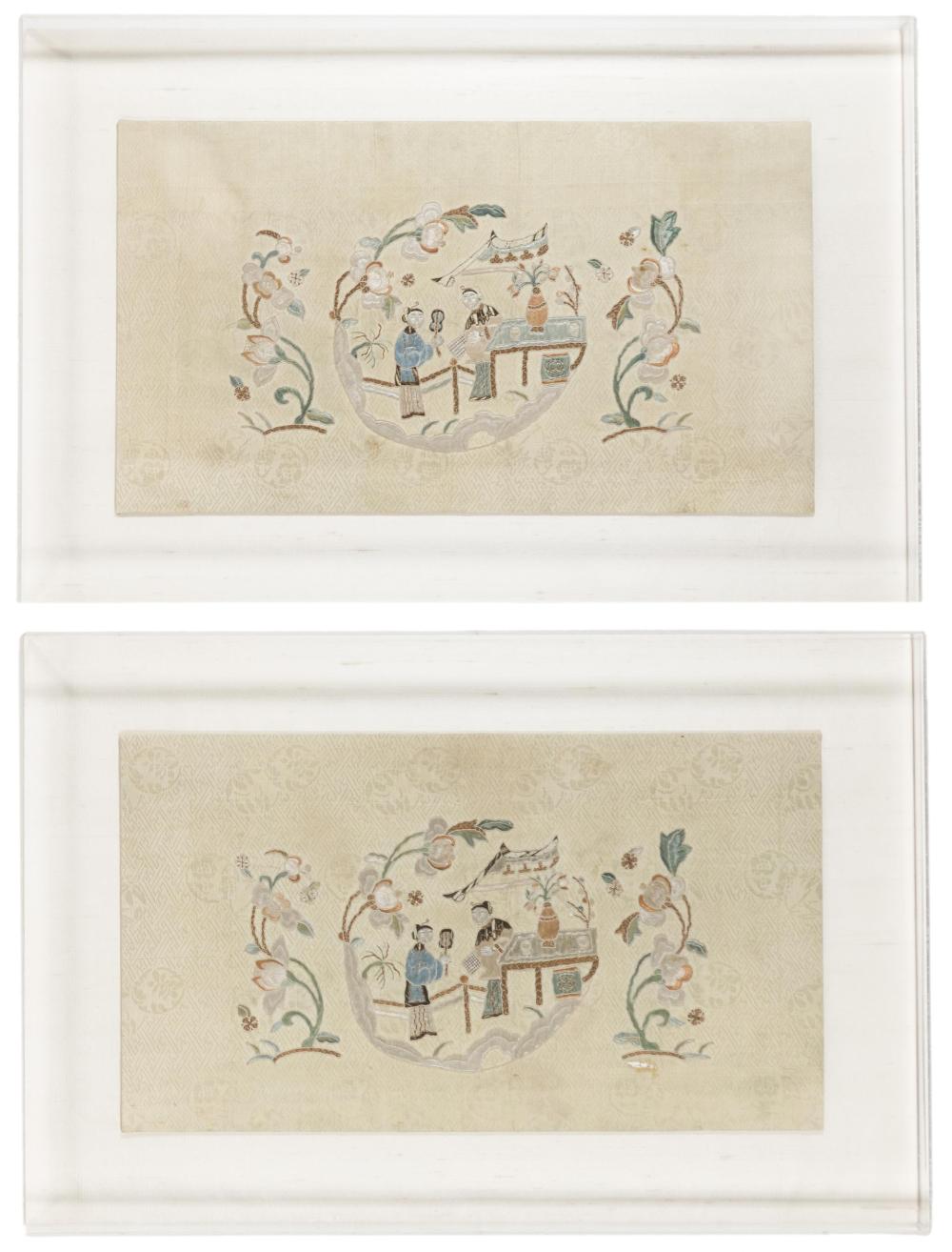 Appraisal: A pair of Chinese Forbidden Stitch silk panels Late th