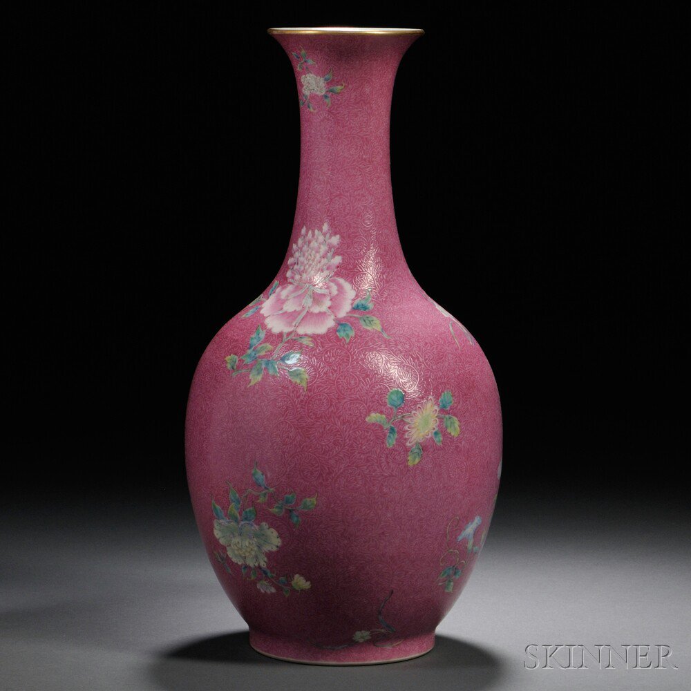 Appraisal: Famille Rose Pink-ground Vase China th century bottle shape with