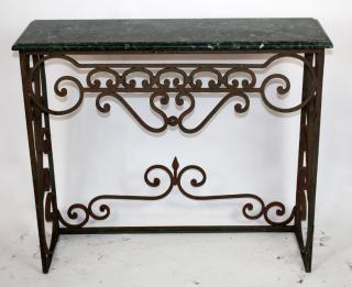 Appraisal: Wrought iron console with marble top Wrought iron scrolled console