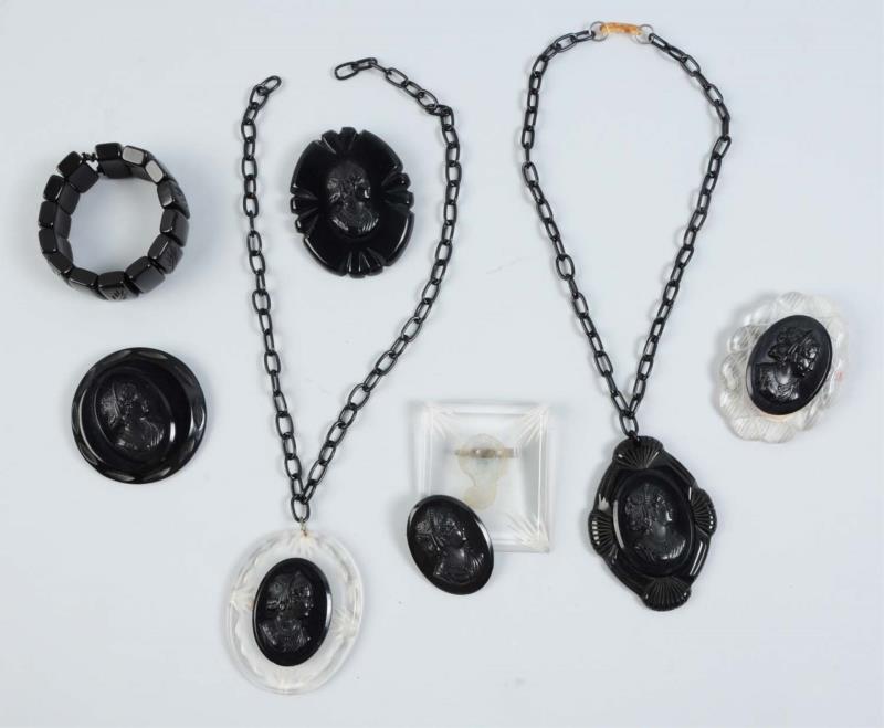 Appraisal: Includes one carved elastic bracelet four cameo brooches and two