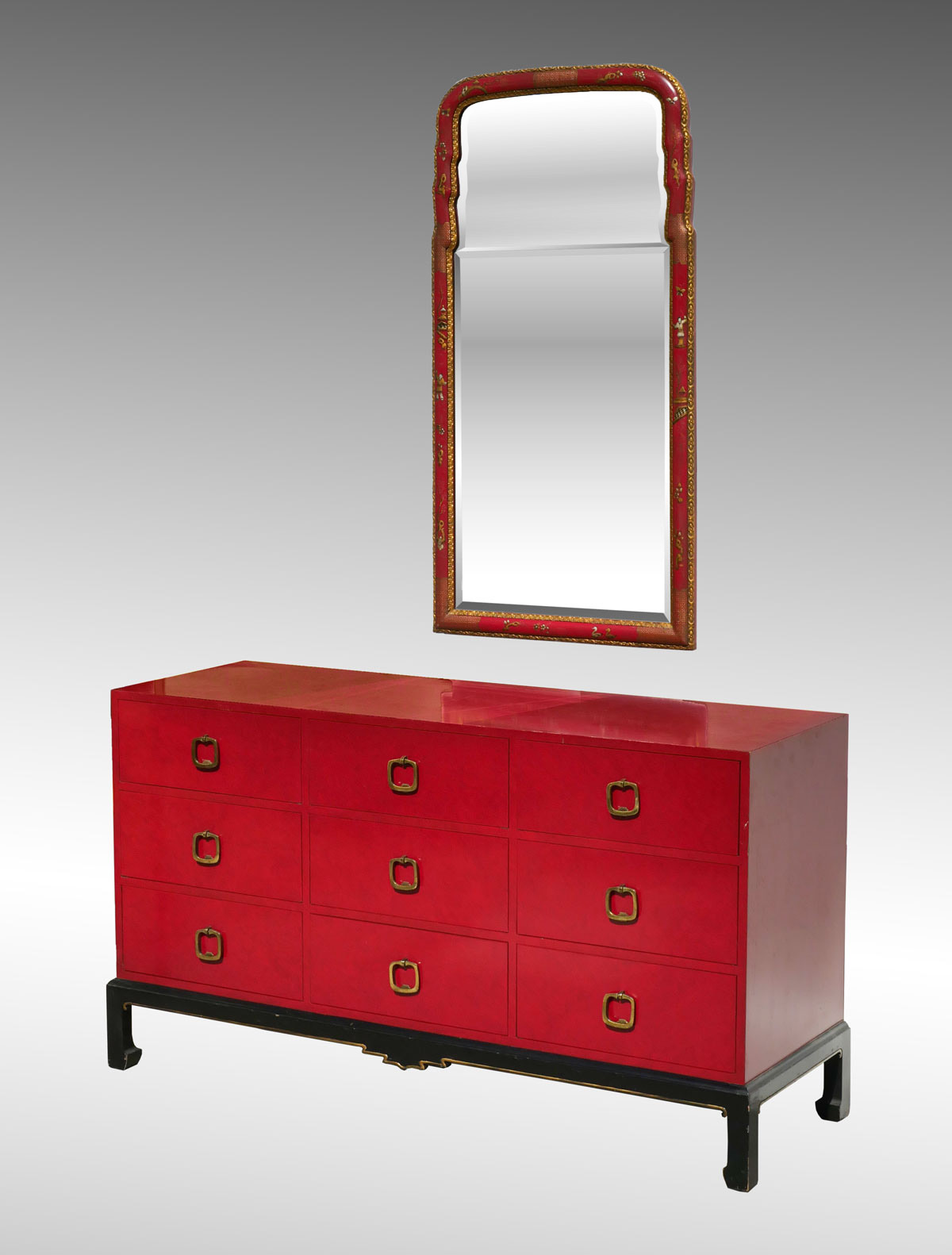 Appraisal: RED LACQUER CHINESE STYLE DRESSER AND MIRROR Chinese style red