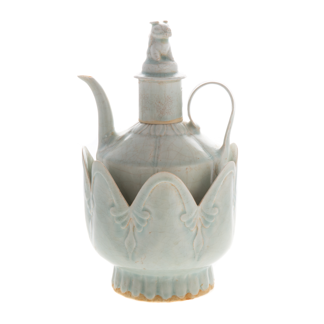 Appraisal: Chinese Song style wine pot and holder green celadon melon-form