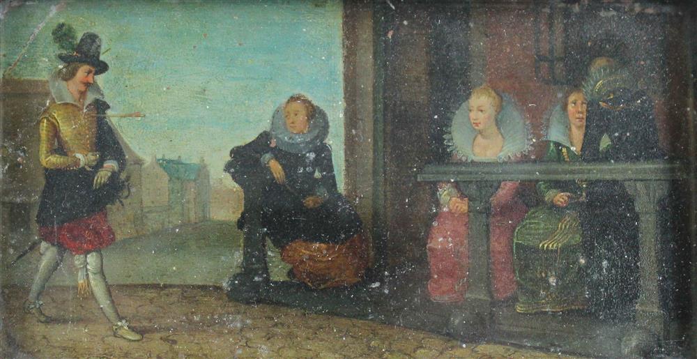 Appraisal: ELIZABETHAN SCENE Oil on copper x in Framed Provenance From