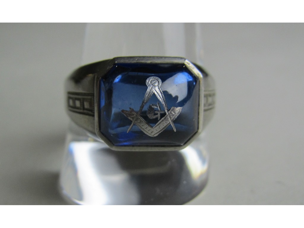 Appraisal: Ten carat white gold stone set masonic dress ring