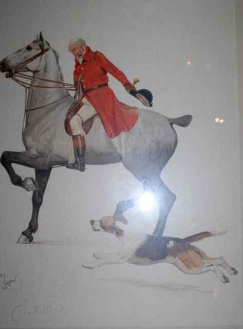 Appraisal: AFTER CECIL ALDINA mounted huntsman beckoning to a hound chromo