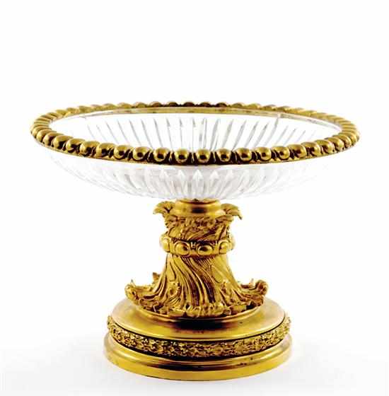 Appraisal: Continental gilt-bronze-mounted crystal tazza fluted bowl with bronze egg-and-dart edge