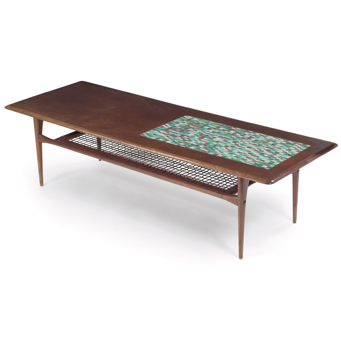 Appraisal: Danish coffee table wood frame with caned lower shelf insetglass