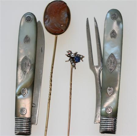 Appraisal: Two cased Victorian tie pins the first with a carved