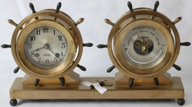 Appraisal: CHELSEA SHIP'S BELL CLOCK AND BAROMETER WITHSHIP'S WHEEL MOTIF HIGH