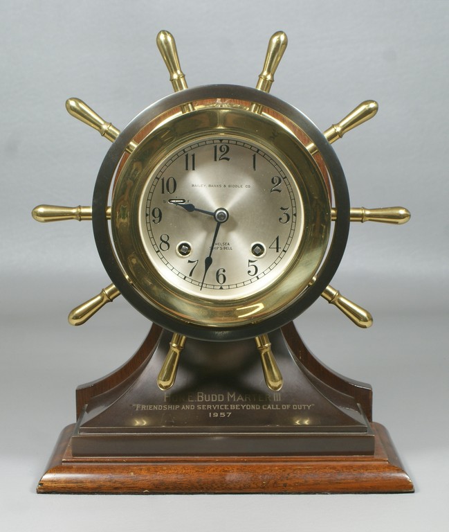 Appraisal: Chelsea ship's wheel clock base engraved Hon E Budd Marter