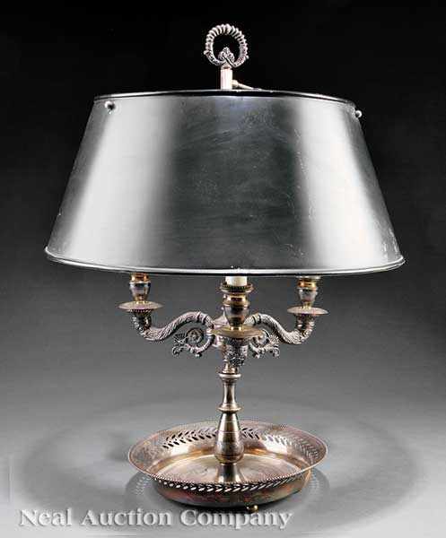 Appraisal: An Antique French Argent Three-Light Bouillotte Lamp vasiform standard trumpet