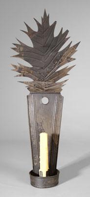 Appraisal: Oak leaf tin sconce coffin-shaped back mounted with veined and