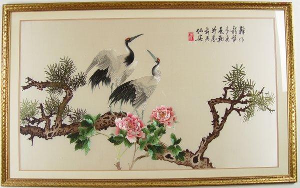 Appraisal: ORIENTAL SILK on SILK TAPESTRY Cranes on a tree branch