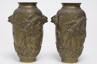 Appraisal: Chinese Cast Brass Dragon Vases Pair Chinese brass vases decorated