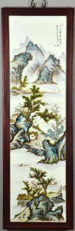 Appraisal: Large Chinese Painted Porcelain PlaqueDepicting mountains small villages and figures