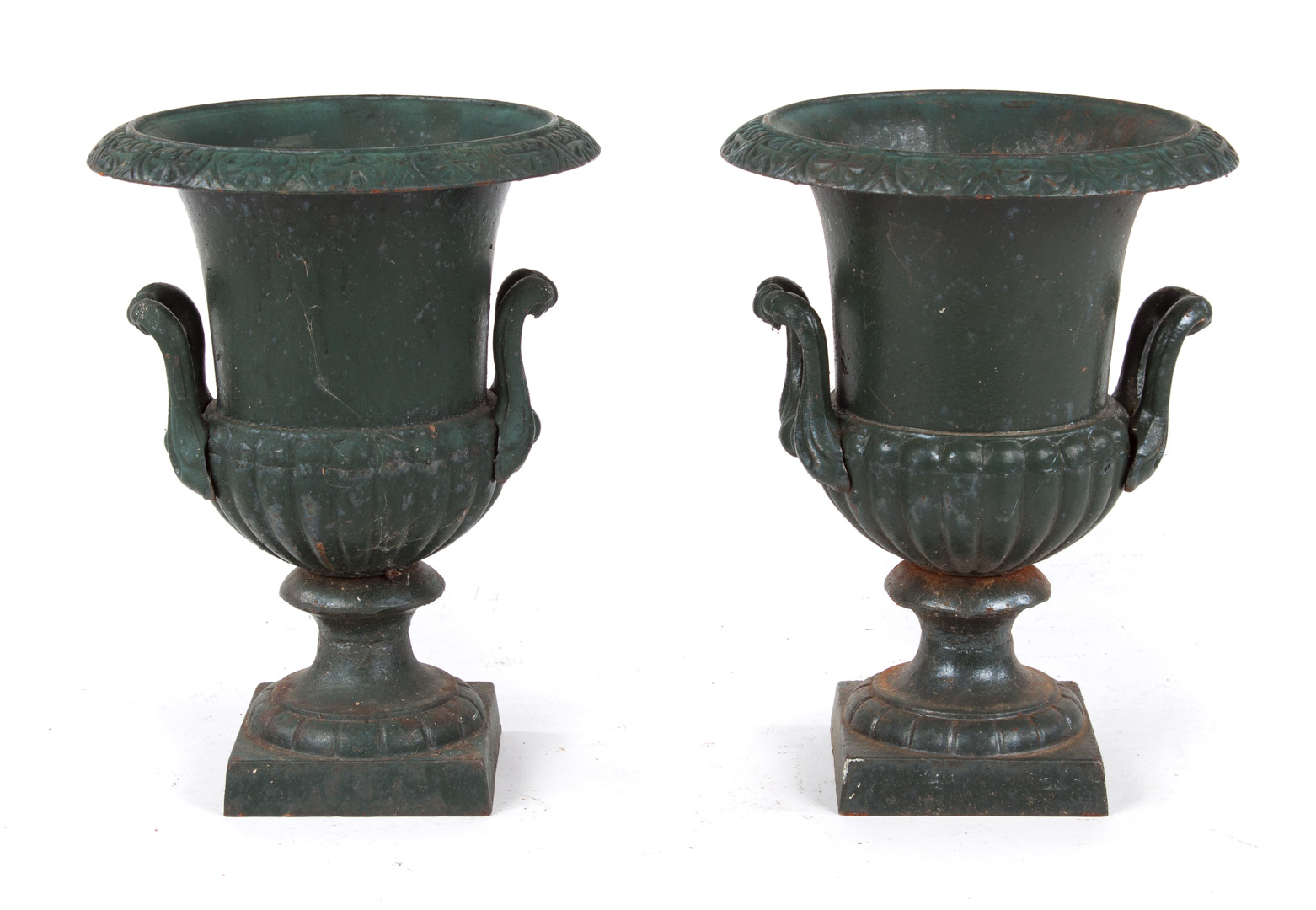 Appraisal: Pair of Victorian style cast iron garden urns green painted