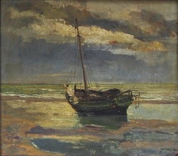 Appraisal: Pier Antonio Gariazzo Fishing Boat at Low Tide at Sunset