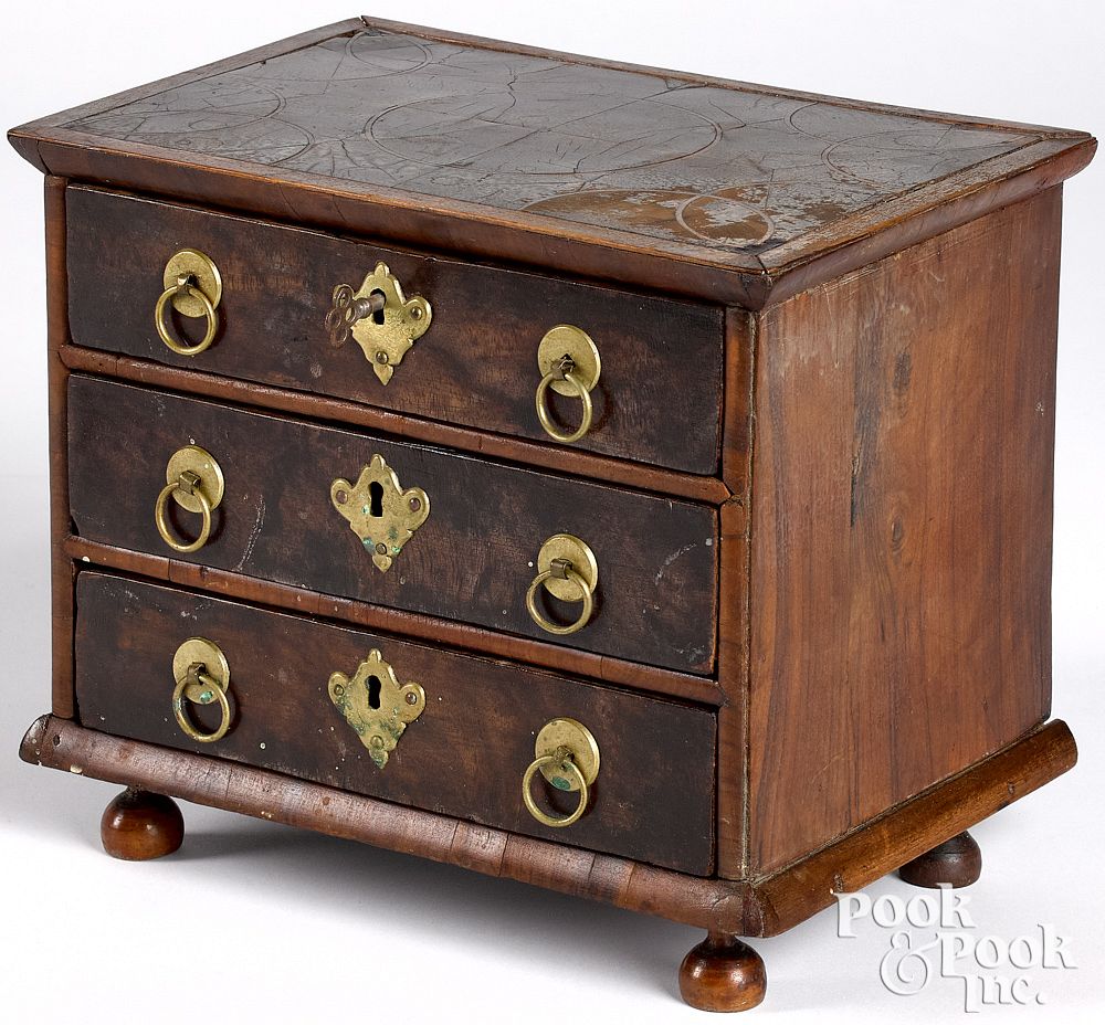 Appraisal: Miniature George I oyster veneer chest of drawers Miniature George