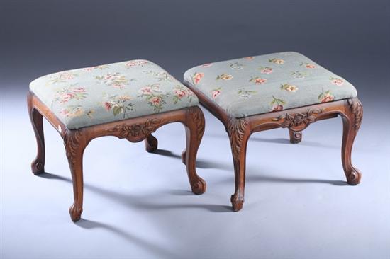 Appraisal: PAIR LOUIS XV STYLE CARVED AND UPHOLSTERED FOOT STOOLS th